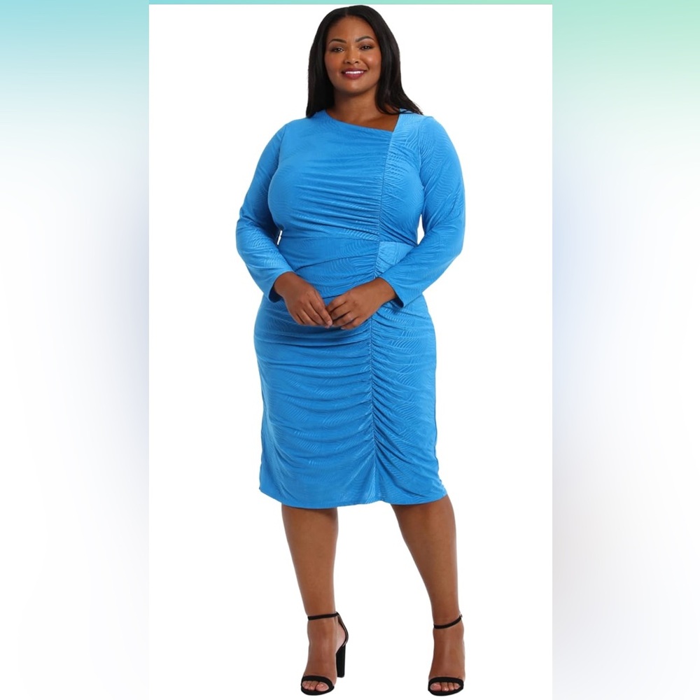 London Times Vibrant Blue Long Sleeve Asymmetrical Ruched Midi Dress - Picture 5 of 11